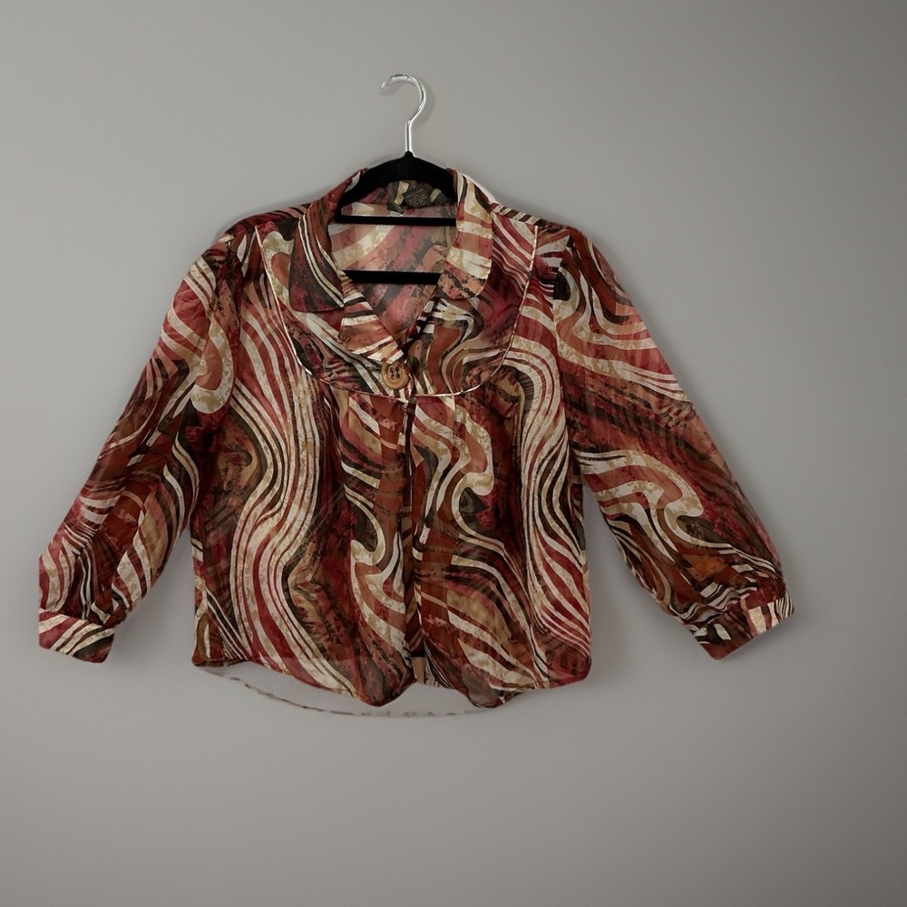 Sere Nade Brown Swirl Sheer Blouse Button‎ Front Collared Top Women's Medium